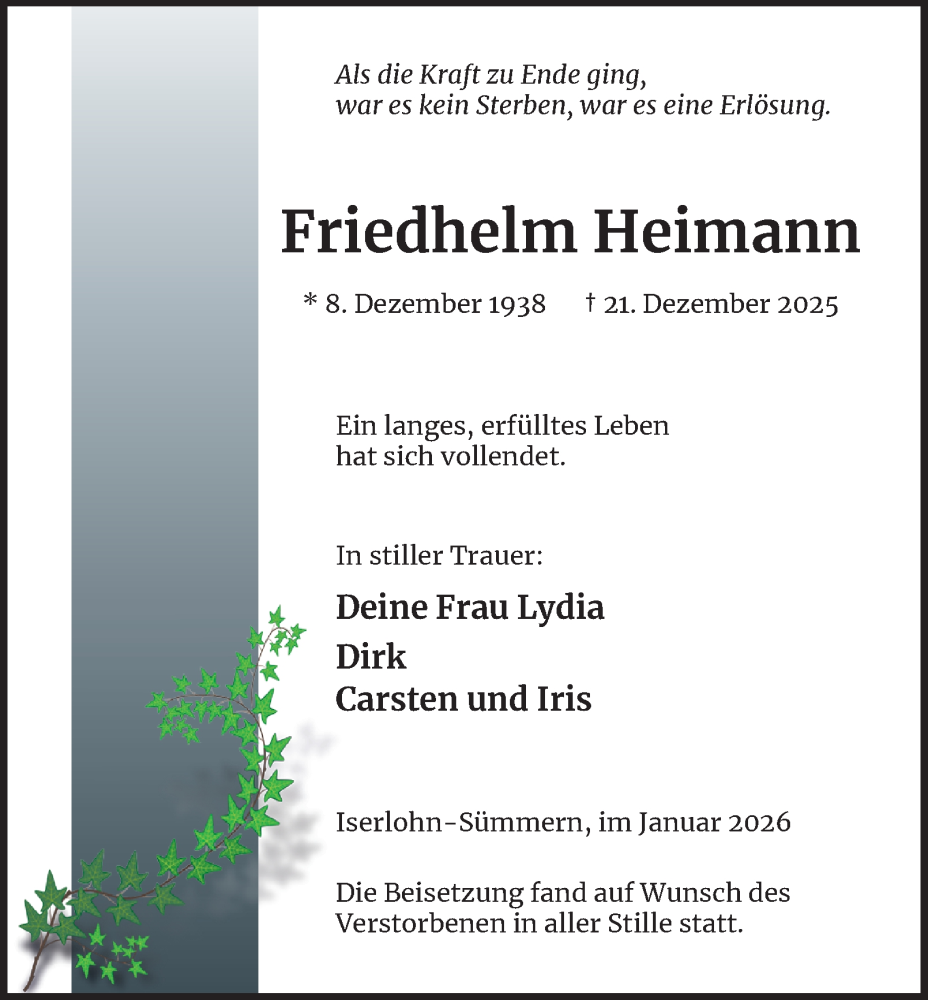  Traueranzeige für Friedhelm Heimann vom 17.01.2026 aus Tageszeitung
