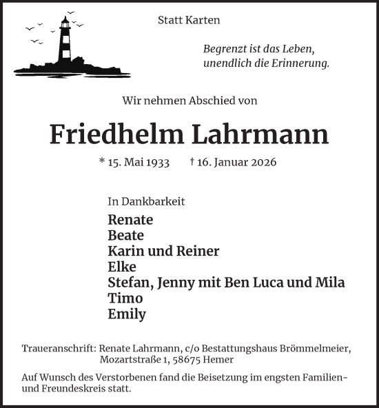 Traueranzeige von Friedhelm Lahrmann von Tageszeitung