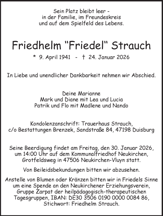 Traueranzeige von Friedhelm Strauch von Tageszeitung