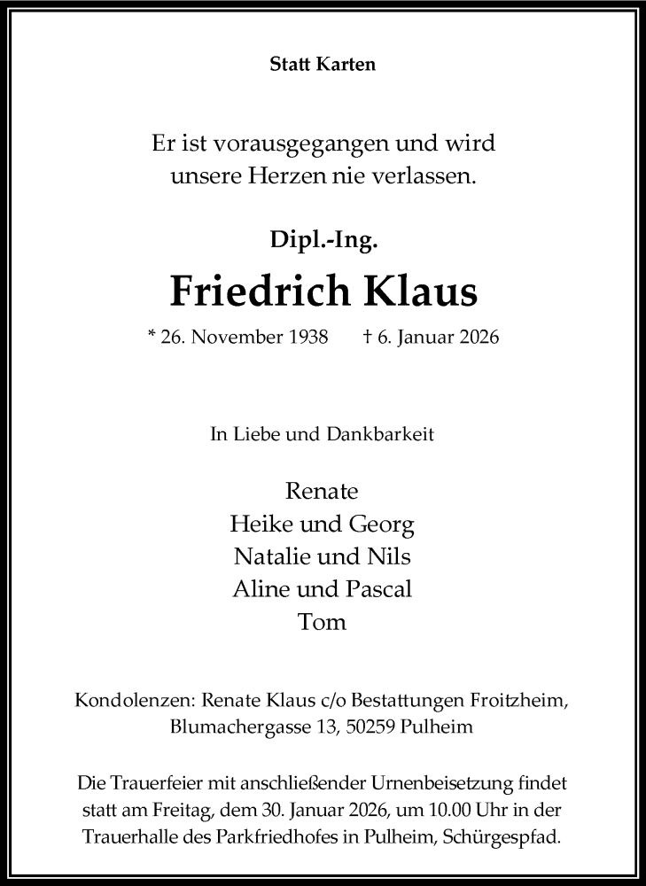  Traueranzeige für Friedrich Klaus vom 17.01.2026 aus Tageszeitung