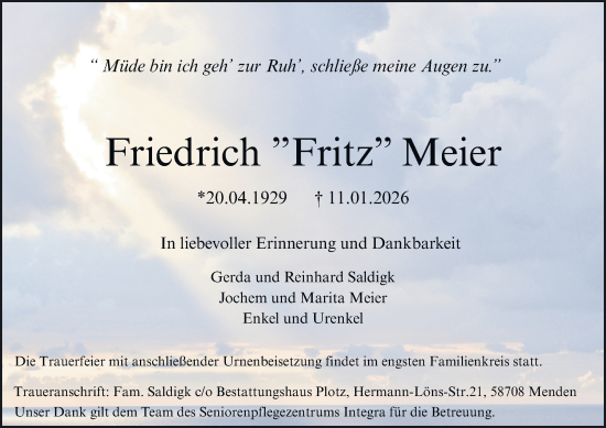 Traueranzeige von Friedrich Meier von Tageszeitung