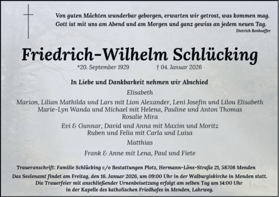 Traueranzeige von Friedrich-Wilhelm Schlücking von Tageszeitung