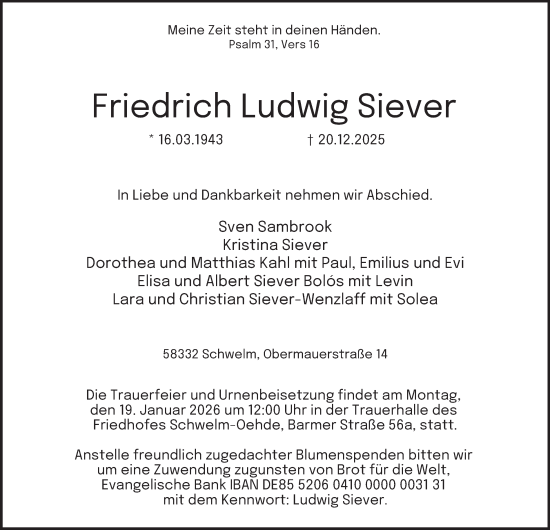 Traueranzeige von Friedrich Ludwig Siever von Tageszeitung