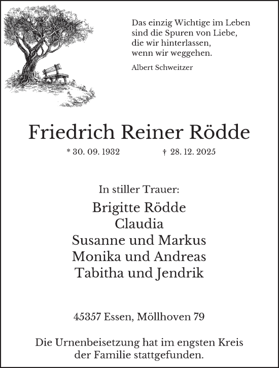 Traueranzeige von Friedrich Reiner Rödde von Tageszeitung