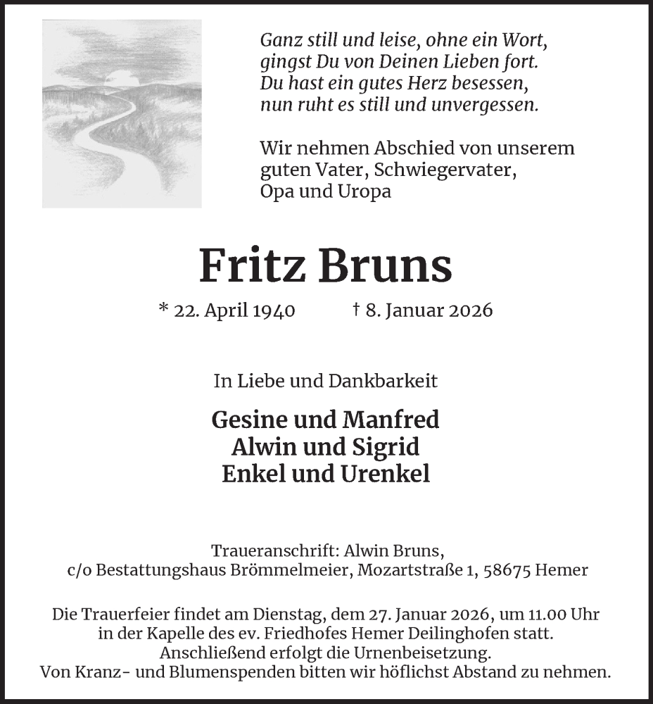  Traueranzeige für Fritz Bruns vom 17.01.2026 aus Tageszeitung