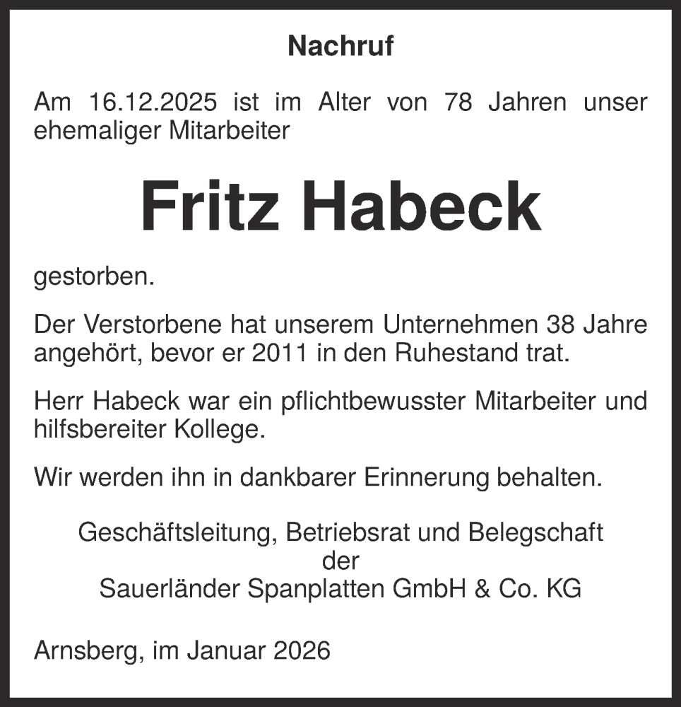  Traueranzeige für Fritz Habeck vom 10.01.2026 aus Tageszeitung