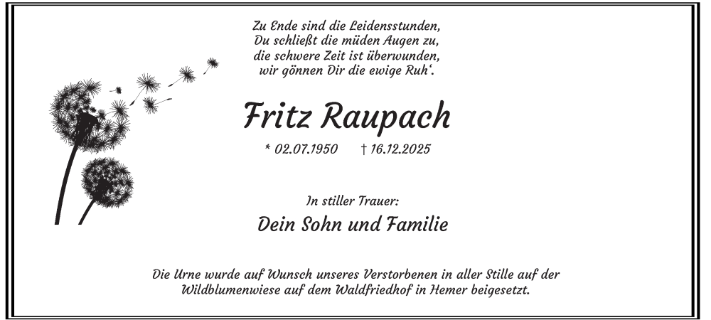  Traueranzeige für Fritz Raupach vom 10.01.2026 aus Tageszeitung