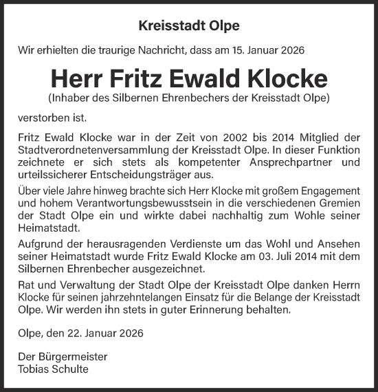 Traueranzeige von Fritz Ewald Klocke von Tageszeitung