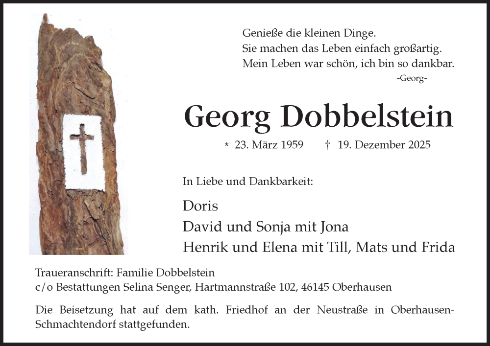 Traueranzeige für Georg Dobbelstein vom 10.01.2026 aus Tageszeitung