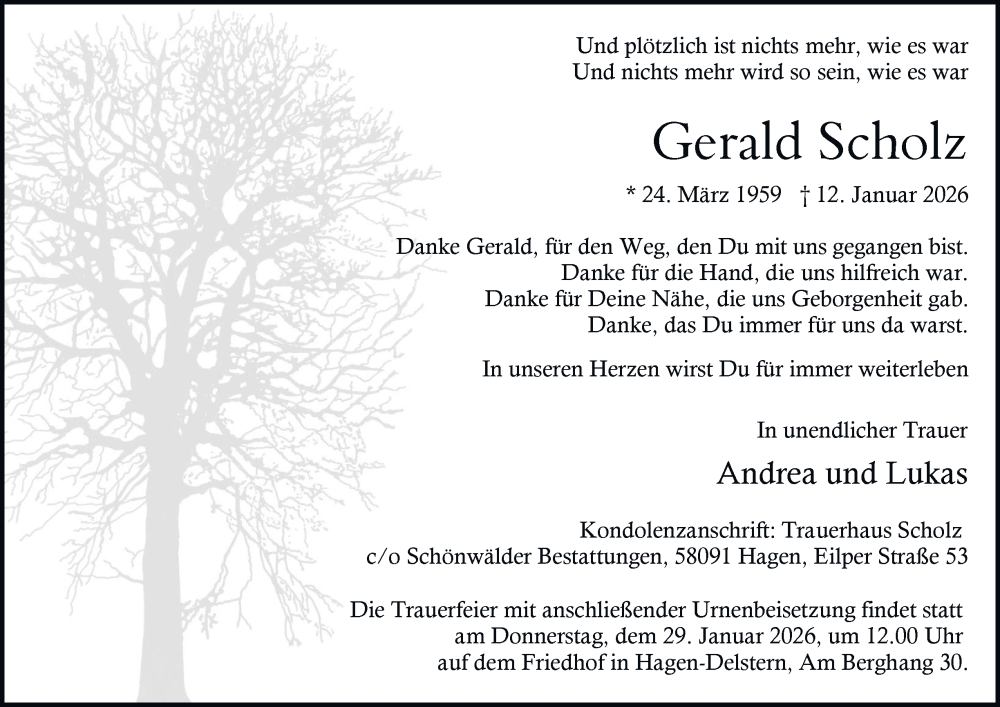  Traueranzeige für Gerald Scholz vom 17.01.2026 aus Tageszeitung