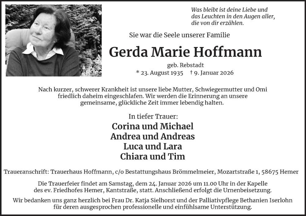  Traueranzeige für Gerda Marie Hoffmann vom 17.01.2026 aus Tageszeitung