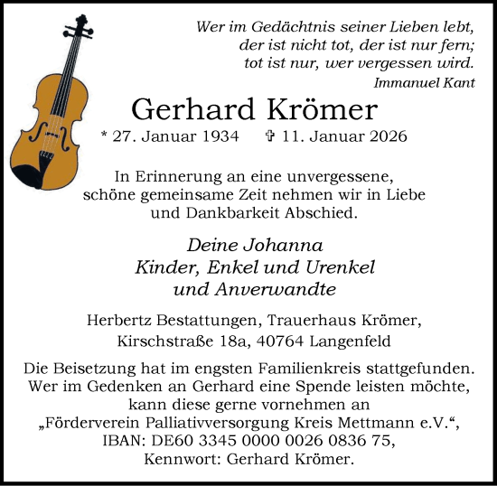 Traueranzeige von Gerhard Krömer von Tageszeitung