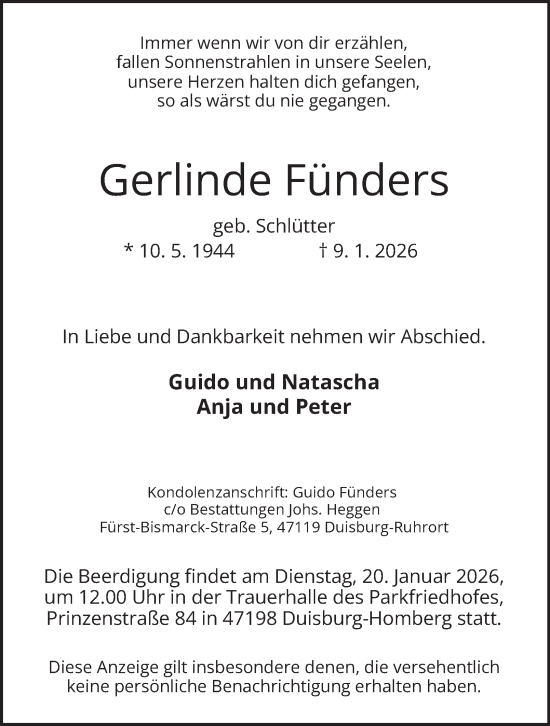 Traueranzeige von Gerlinde Fünders von Tageszeitung