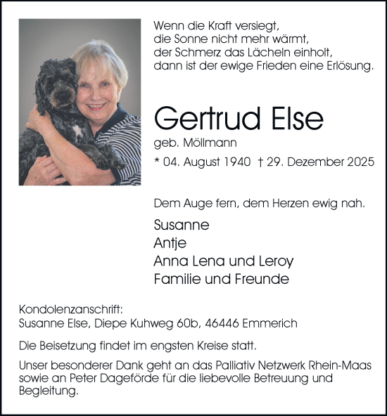 Traueranzeige von Gertrud   Else von Tageszeitung