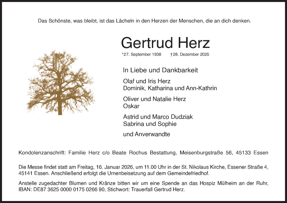  Traueranzeige für Gertrud Herz vom 10.01.2026 aus Tageszeitung