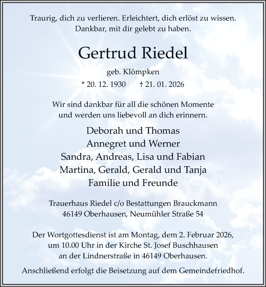  Traueranzeige für Gertrud Riedel vom 31.01.2026 aus Tageszeitung