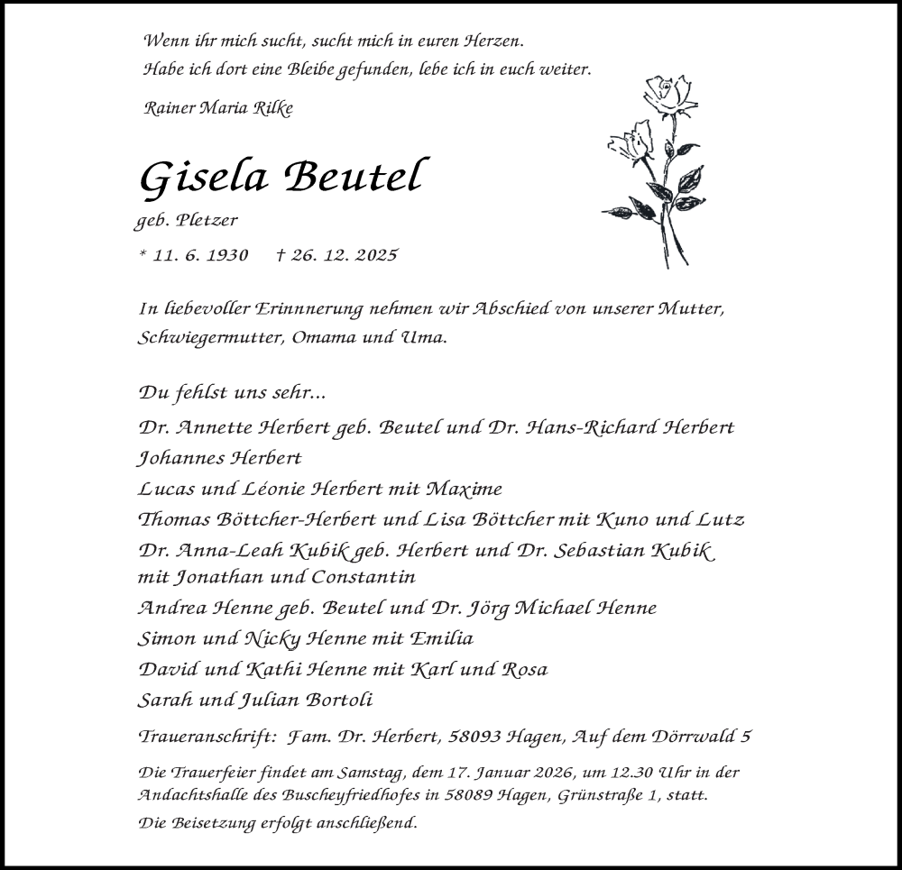 Traueranzeige für Gisela Beutel vom 03.01.2026 aus Tageszeitung