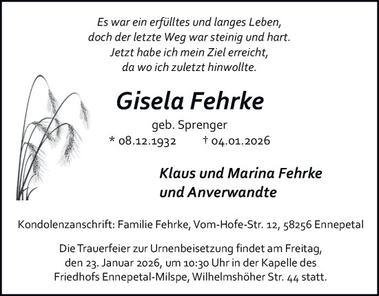 Traueranzeige von Gisela Fehrke von Tageszeitung