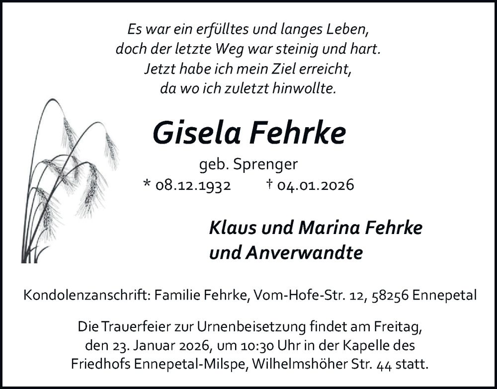  Traueranzeige für Gisela Fehrke vom 17.01.2026 aus Tageszeitung