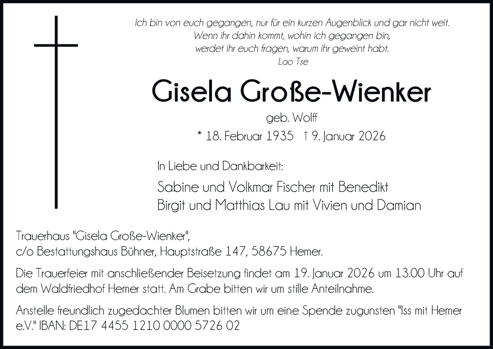  Traueranzeige für Gisela Große-Wienker vom 15.01.2026 aus Tageszeitung