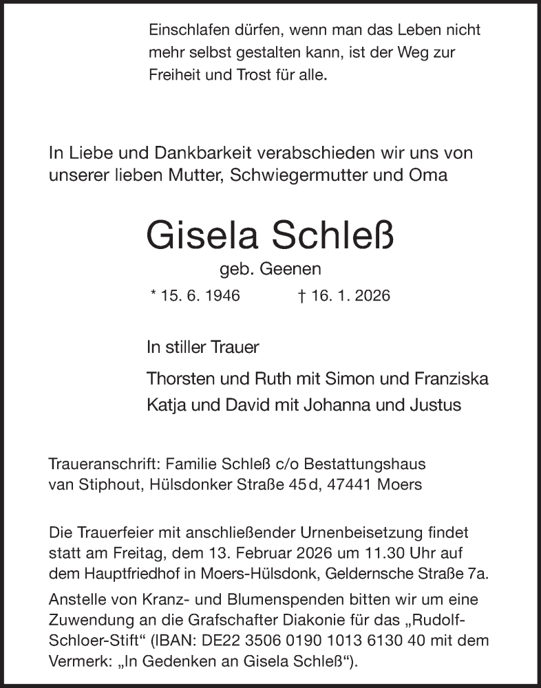  Traueranzeige für Gisela Schleß vom 24.01.2026 aus Tageszeitung
