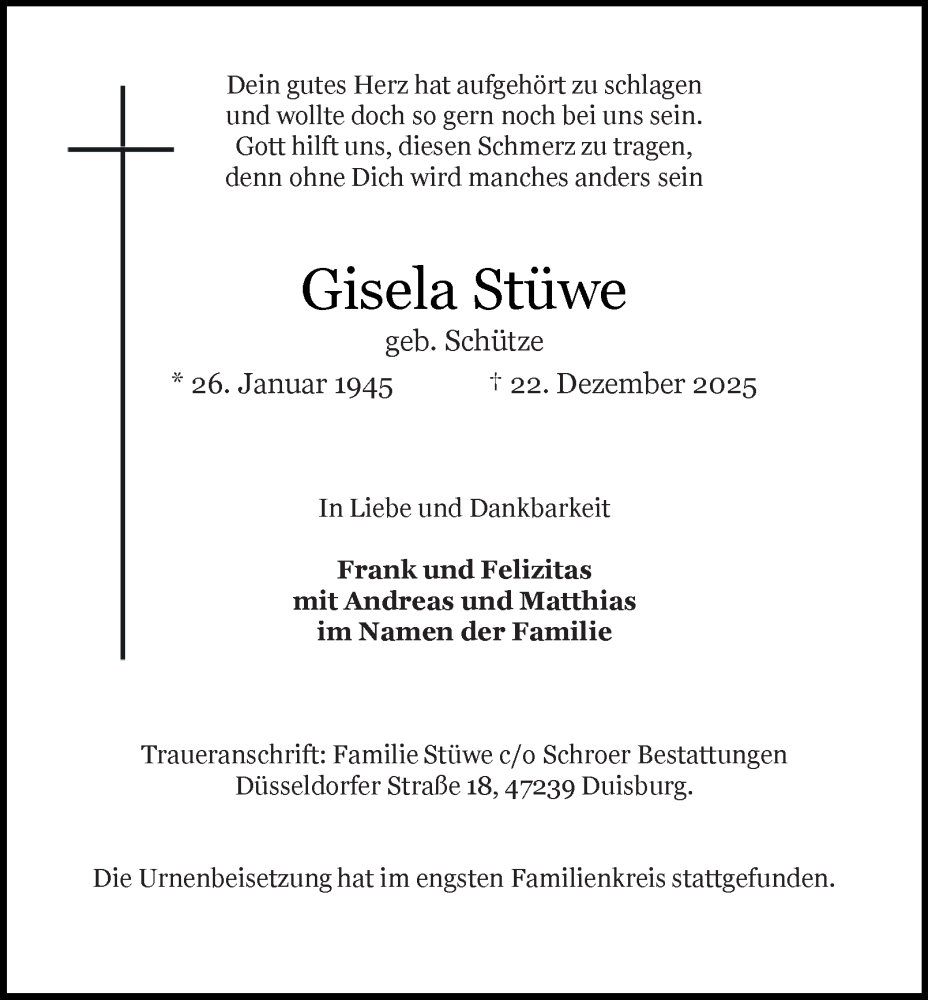  Traueranzeige für Gisela Stüwe vom 17.01.2026 aus Tageszeitung