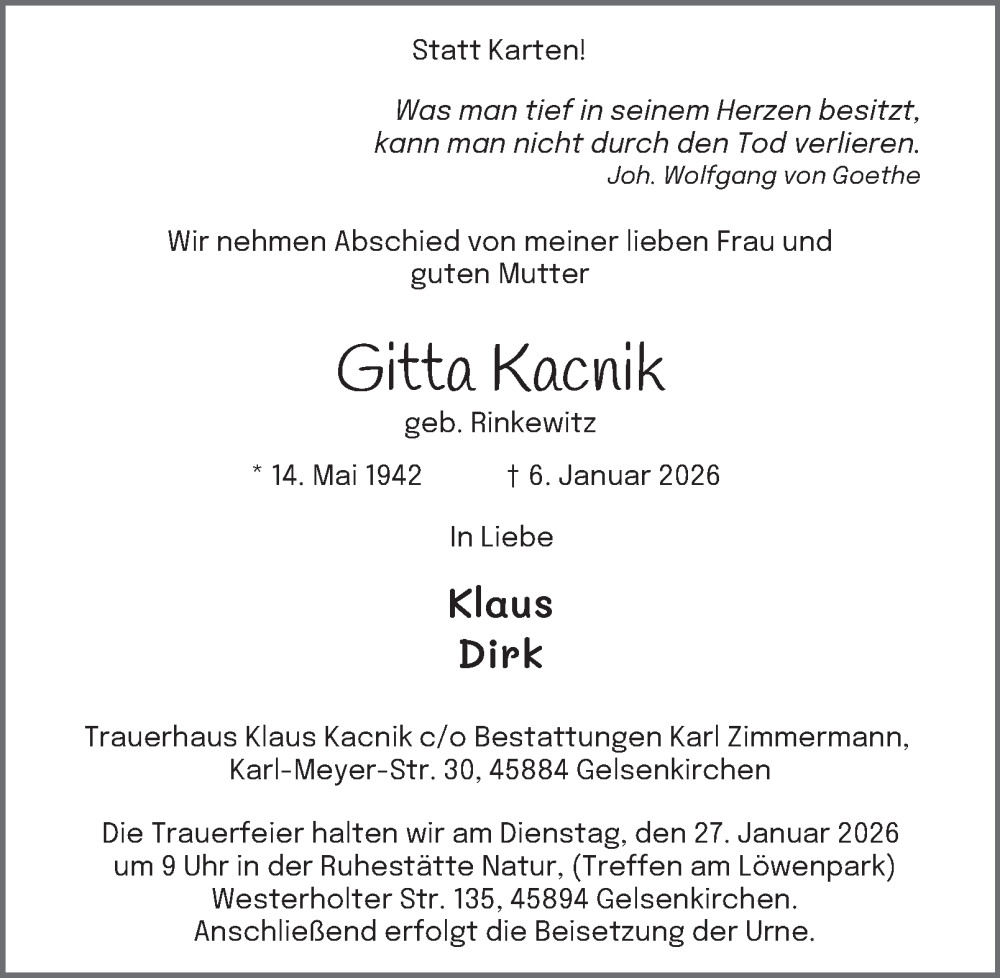  Traueranzeige für Gitta Kacnik vom 24.01.2026 aus Tageszeitung