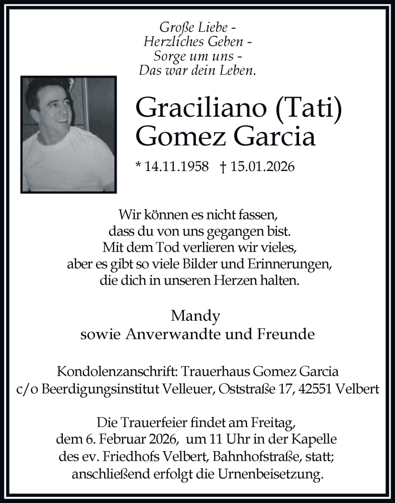  Traueranzeige für Graciliano Gomez Garcia vom 31.01.2026 aus Tageszeitung
