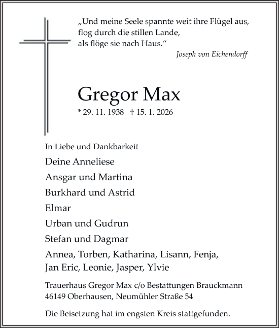 Traueranzeige von Gregor Max von Tageszeitung