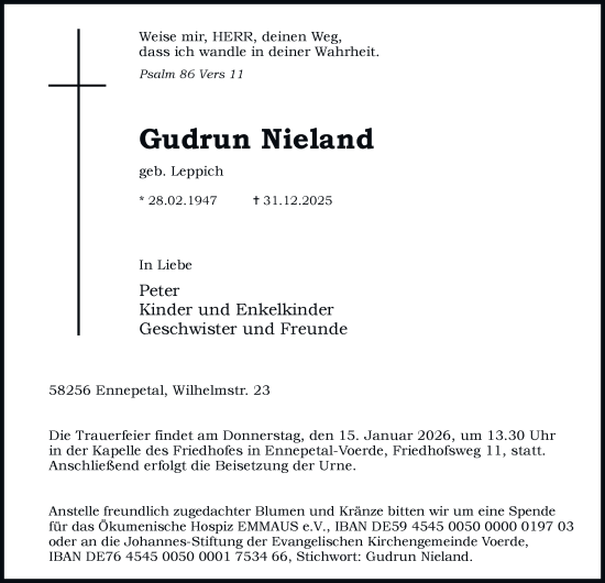 Traueranzeige von Gudrun Nieland von Tageszeitung