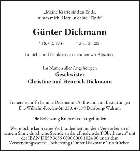 Traueranzeige von Günter Dickmann von Tageszeitung