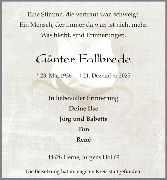 Traueranzeige von Günter Fallbrede von Tageszeitung