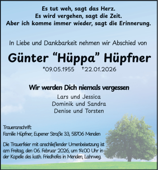 Traueranzeige von Günter Hüpfner von Tageszeitung