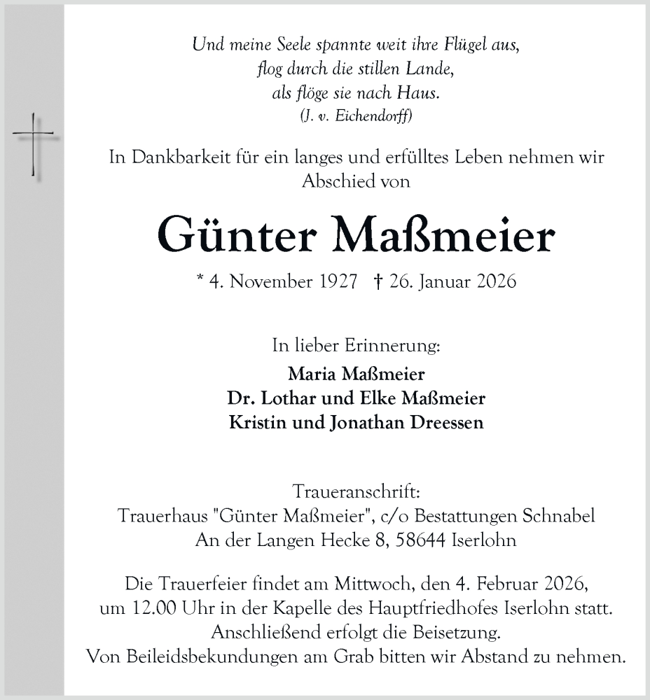  Traueranzeige für Günter Maßmeier vom 31.01.2026 aus Tageszeitung