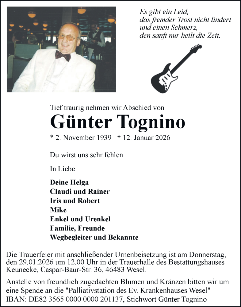  Traueranzeige für Günter Tognino vom 24.01.2026 aus Tageszeitung