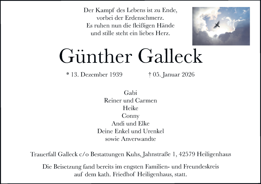  Traueranzeige für Günther Galleck vom 17.01.2026 aus Tageszeitung