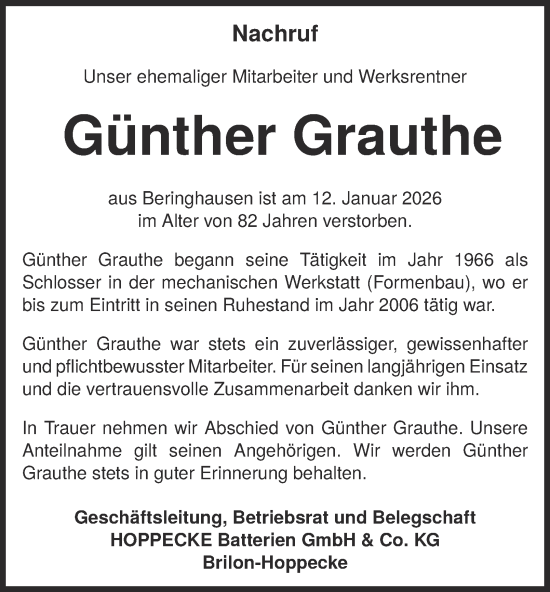 Traueranzeige von Günther Grauthe von Tageszeitung