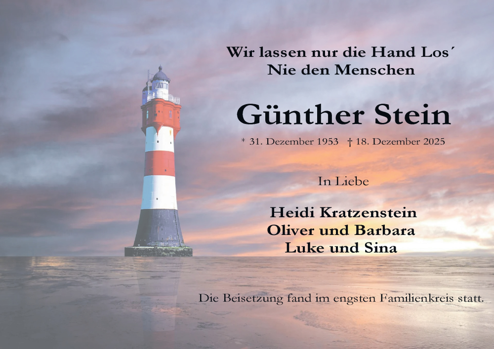  Traueranzeige für Günther Stein vom 24.01.2026 aus Tageszeitung