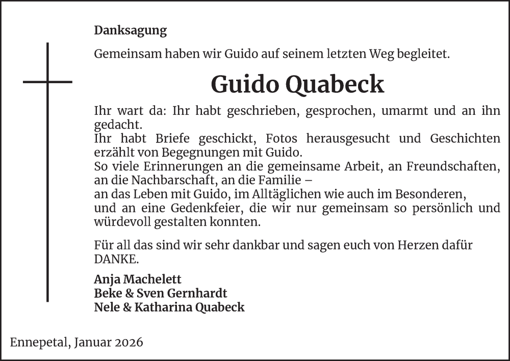  Traueranzeige für Guido Quabeck vom 24.01.2026 aus Tageszeitung