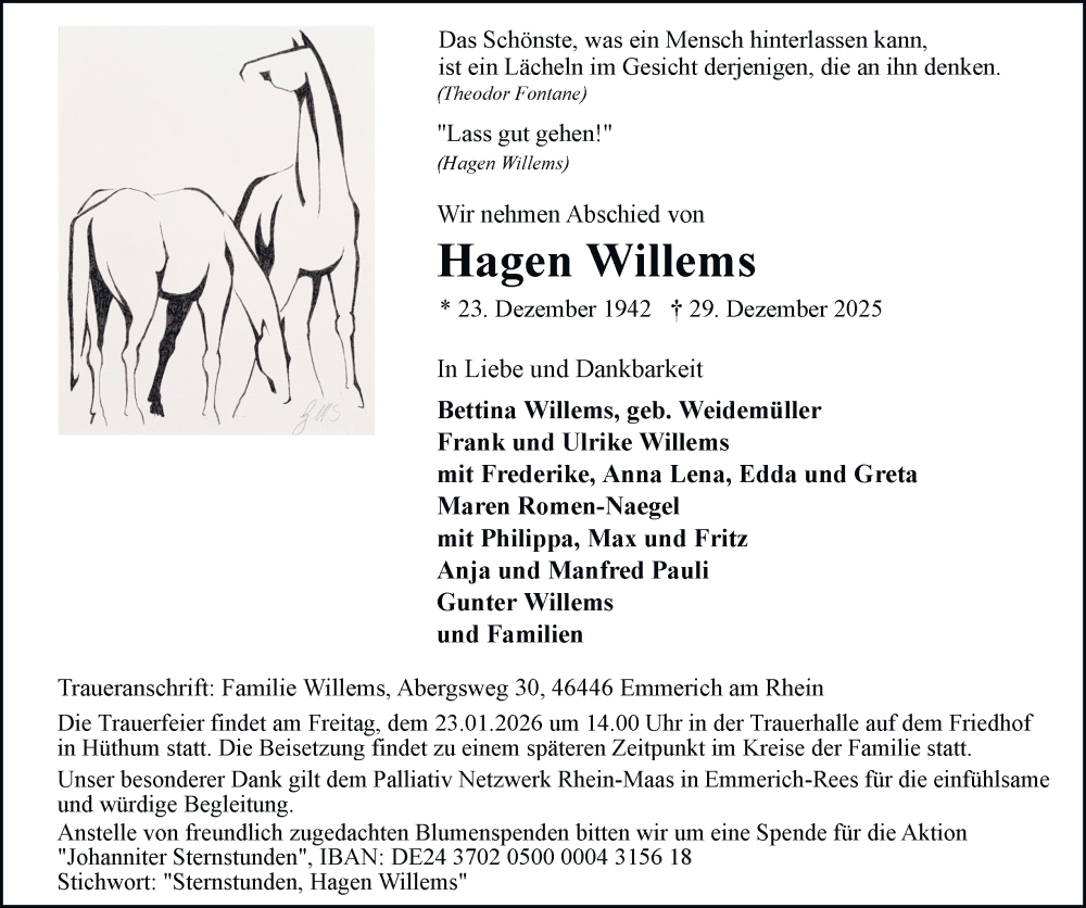 Traueranzeige für Hagen Willems vom 17.01.2026 aus Tageszeitung