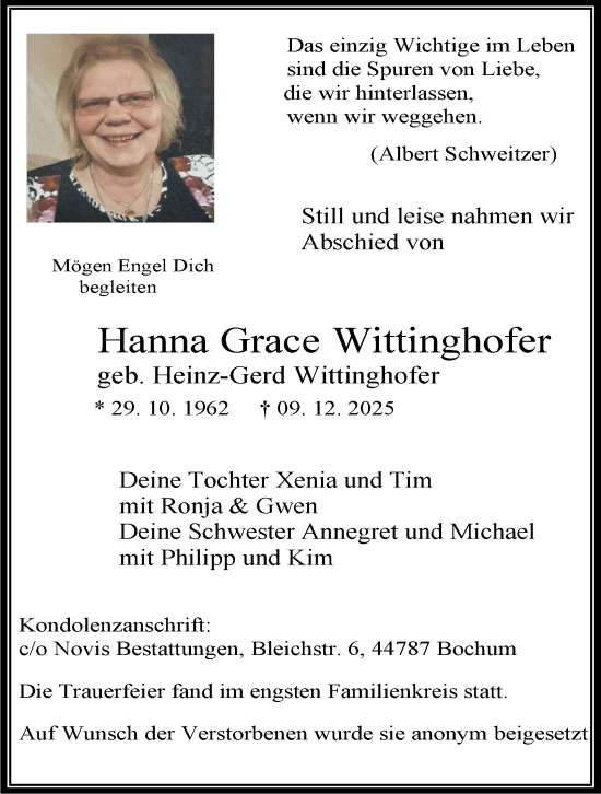 Traueranzeige von Hanna Grace Wittinghofer von Tageszeitung