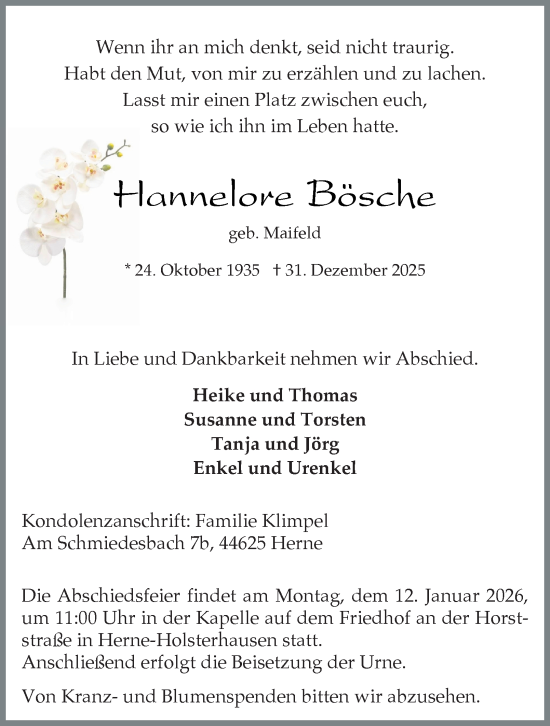 Traueranzeige von Hannelore Bösche von Tageszeitung