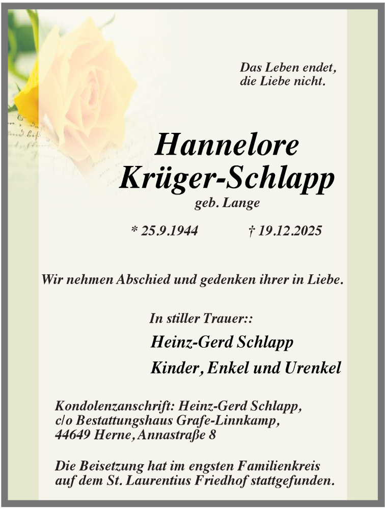  Traueranzeige für Hannelore Krüger-Schlapp vom 17.01.2026 aus Tageszeitung