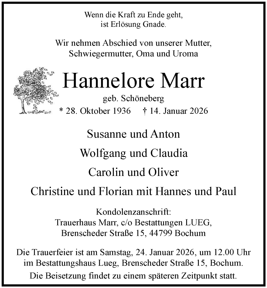  Traueranzeige für Hannelore Marr vom 17.01.2026 aus Tageszeitung