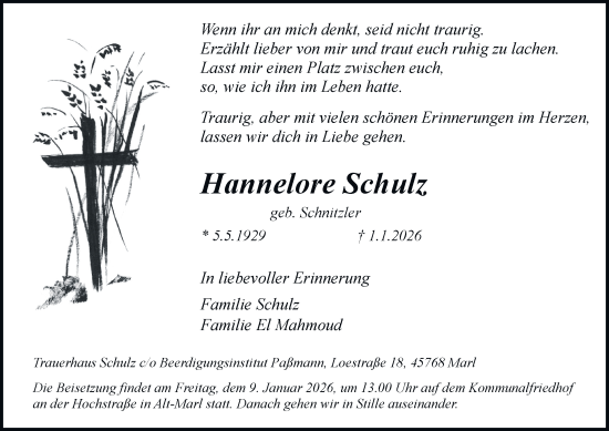 Traueranzeige von Hannelore Schulz von Tageszeitung
