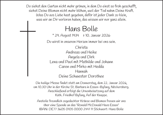 Traueranzeige von Hans Bolle von Tageszeitung