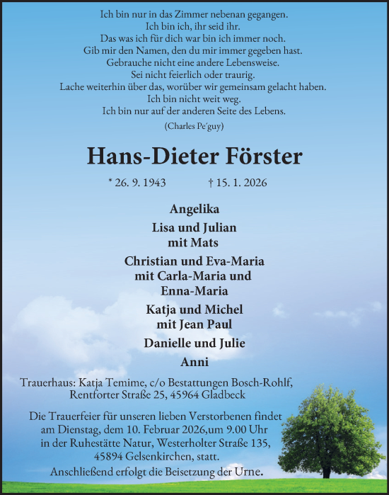 Traueranzeige von Hans-Dieter Förster von Tageszeitung