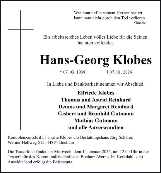 Traueranzeige von Hans-Georg Klobes von Tageszeitung