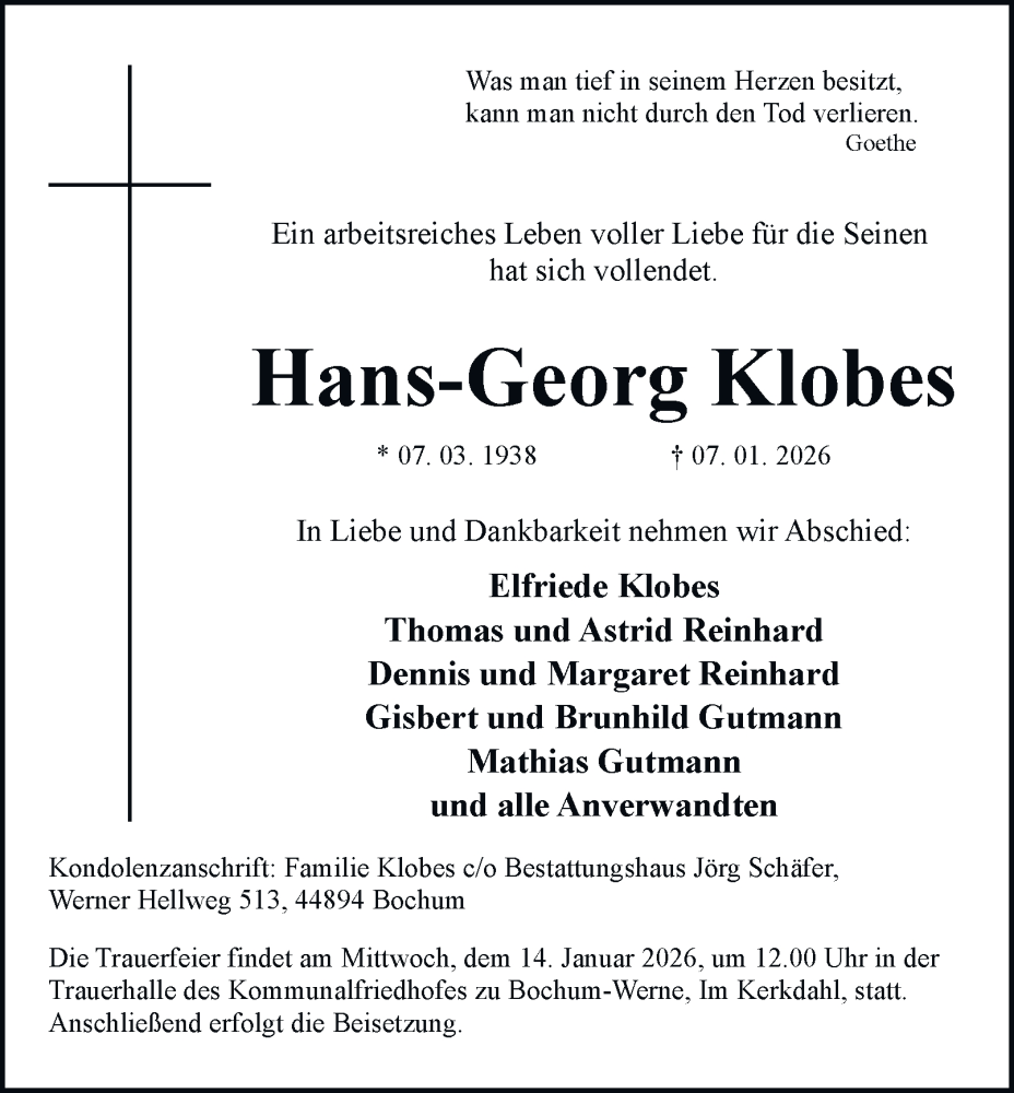  Traueranzeige für Hans-Georg Klobes vom 14.01.2026 aus Tageszeitung