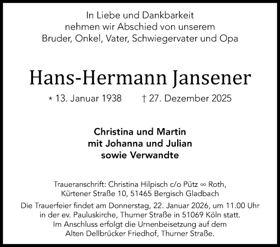 Traueranzeige von Hans-Hermann Jansener von Tageszeitung